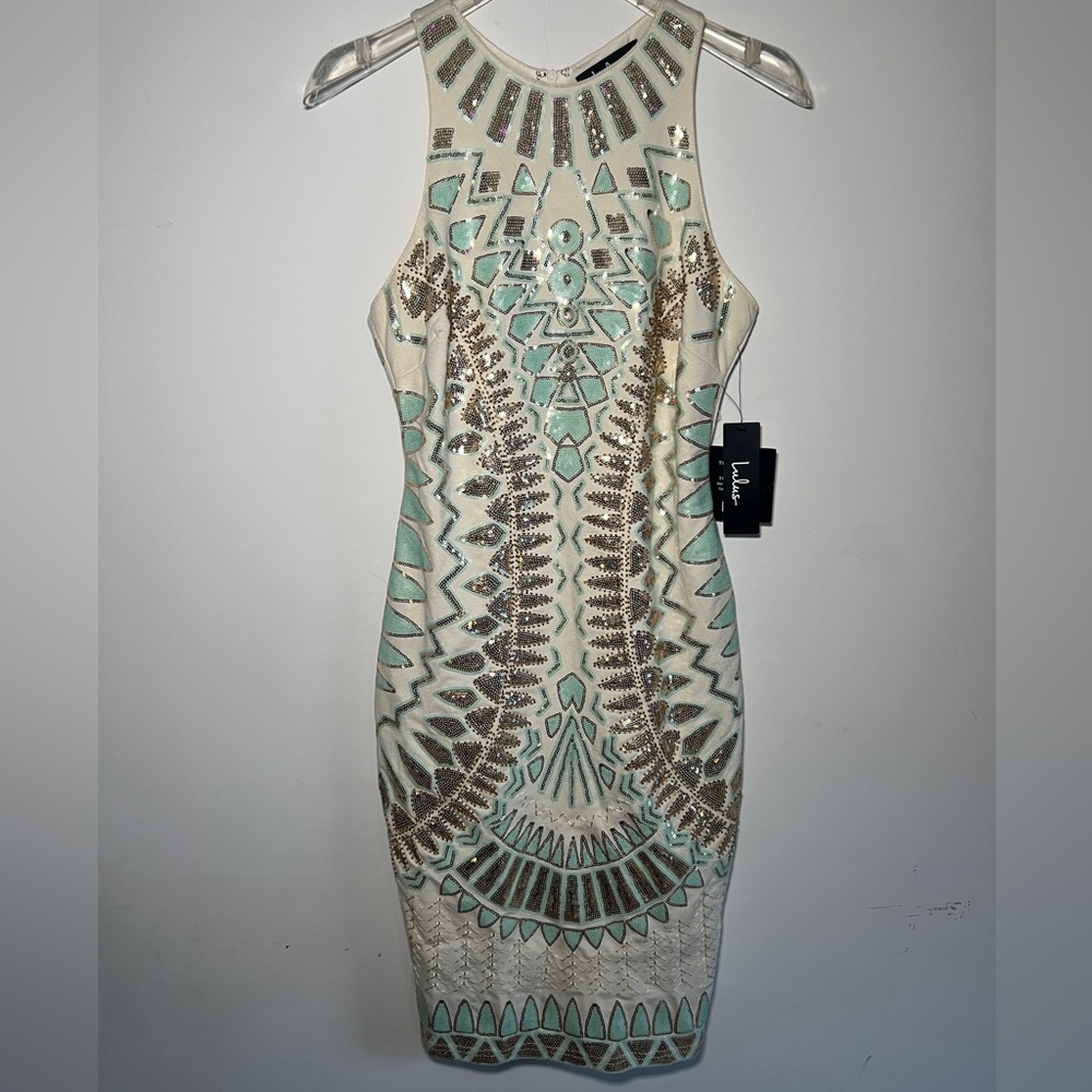 Lulu's Cream and Gold Embellished Mini Dress